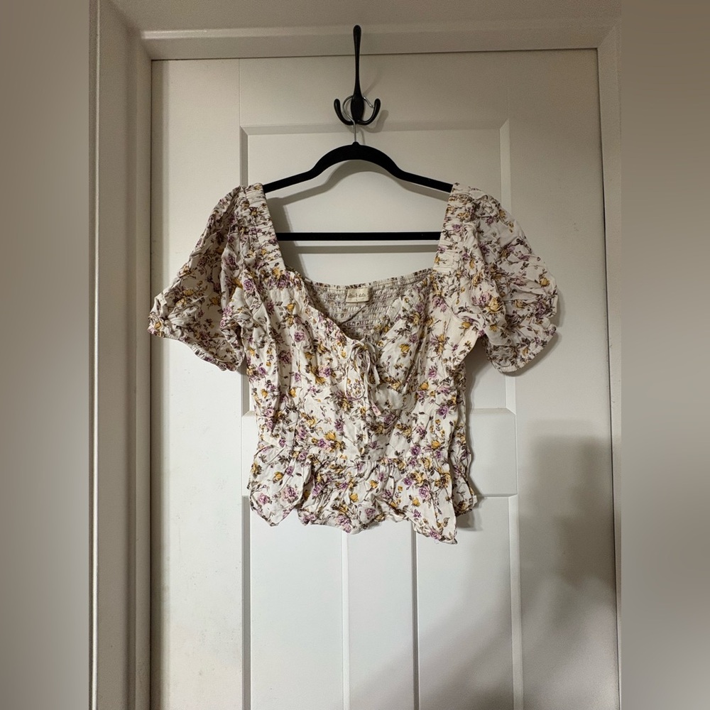 Altar’d State Floral Ruffled Peplum Crop Top - Cream with Purple & Yellow